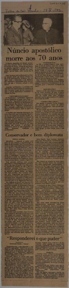 Núncio apostólico morre aos 70 anos