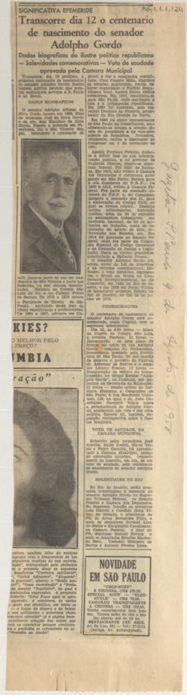 Transcorre dia 12 o centenário de nascimento do senador Adolpho Gordo