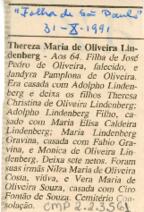[Obituário de Thereza Maria de Oliveira Lindenberg]