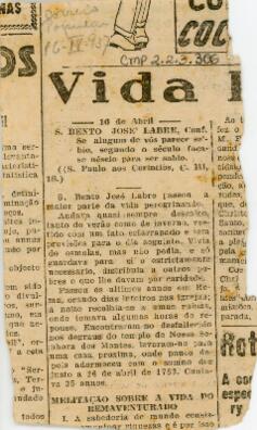 [Notas biográficas de Bento José Labre]