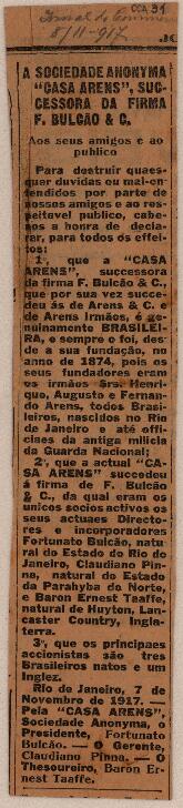 A Sociedade Anonyma “Casa Arens”, Succesora da Firma F. Bulção & C.