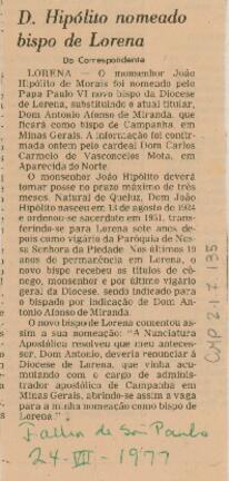Dom Hipólito nomeado bispo de Lorena
