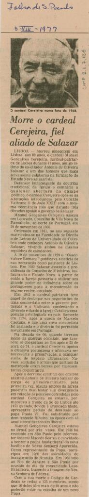 Morre o cardeal Cerejeira, fiel aliado de Salazar