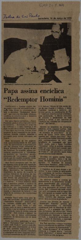 Papa assina encíclica “Redemptor Hominis”