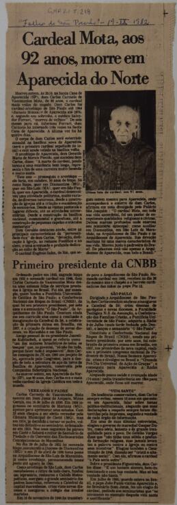 Cardeal Mota, aos 92 anos, morre em Aparecida do Norte