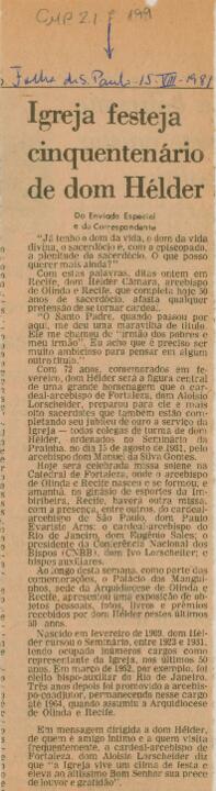 Igreja festeja cinquentenário de dom Hélder